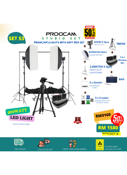 Proocam kb-1210 Studio Lighting Kit 1 PAIR Softbox 60x90cm 400W LED Light with Background Backdrop Cloth Tripod 2 to 1 Wireless Mic SET  S3